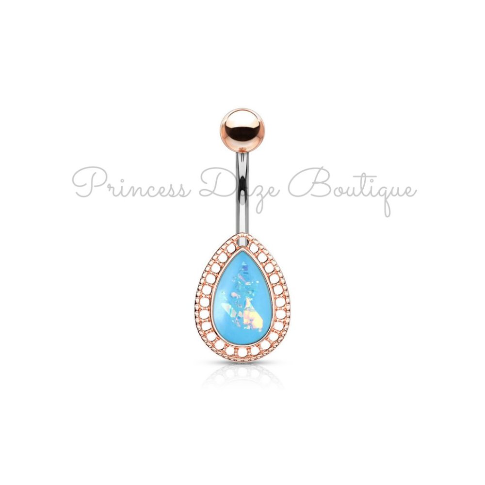 Rose Gold Blue Opal Tear Drop‎ Belly Button Ring